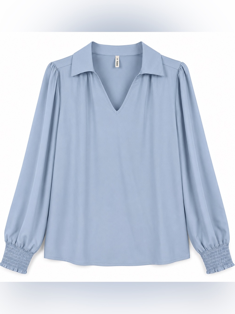 Halara Light Blue V Neck Collared Blouse Smocked Cuffs XL NWT